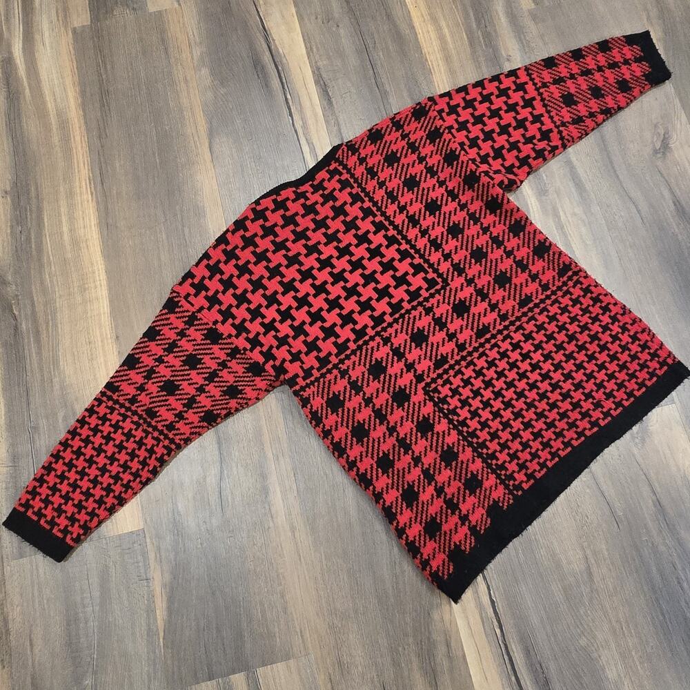 Vintage 90s Red Black Checkered Plaid Womens Acrylic Country Christmas Sweater M - Picture 7 of 7